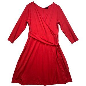 Lands' End Womens Faux Wrap V Neck Dress Tie Waist Long Sleeve Size M 10-12 Red